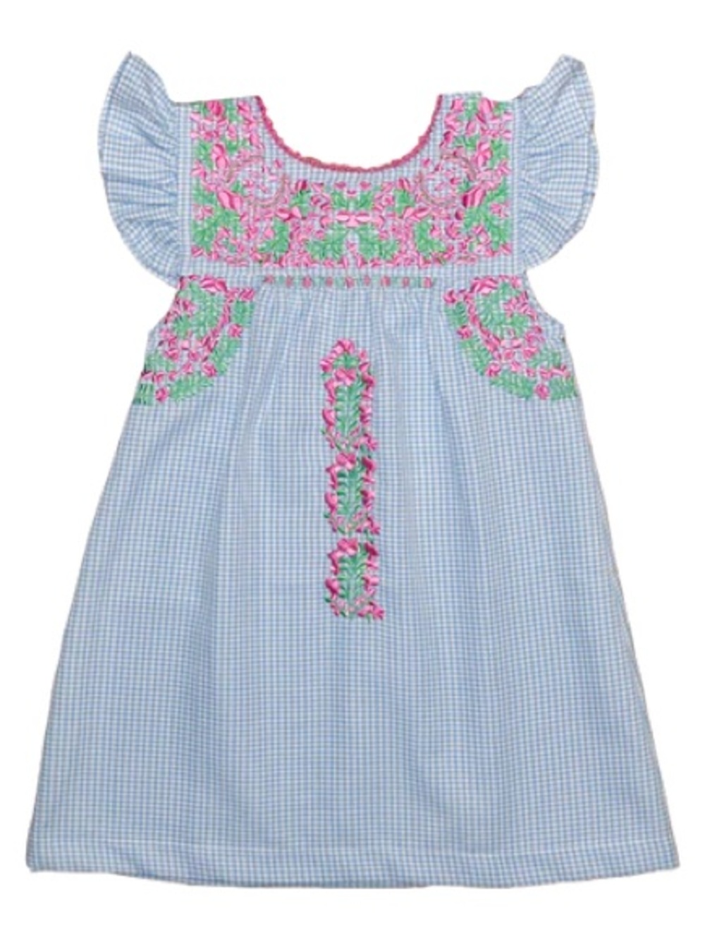 Six Honeybees Puebla Dress Size 2T Hand-Embroidered Floral Blue Gingham